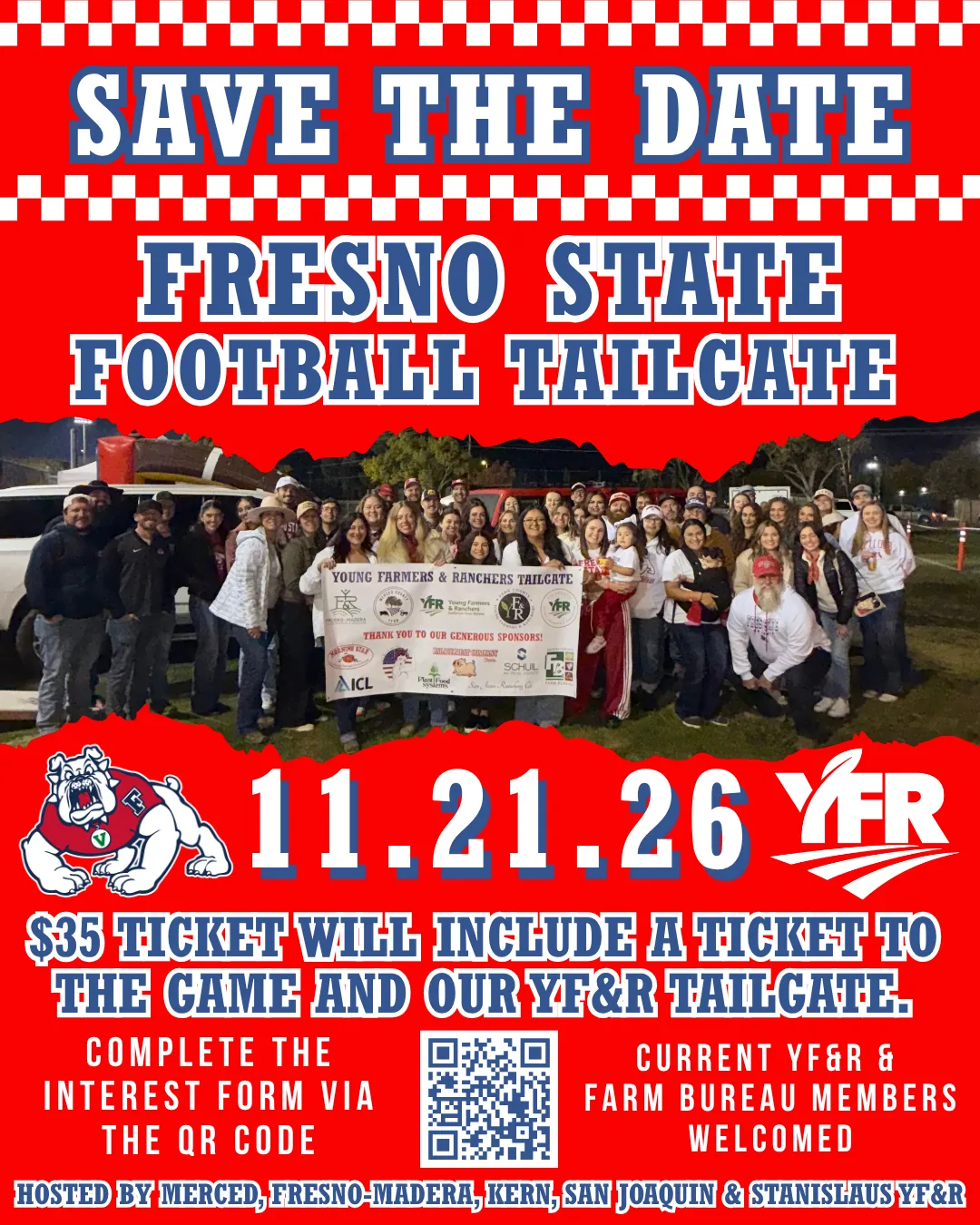 Save the Date: YF&R Fresno State Football Tailgate, November 21, 2026. $35 ticket includes a game ticket and the tailgate.