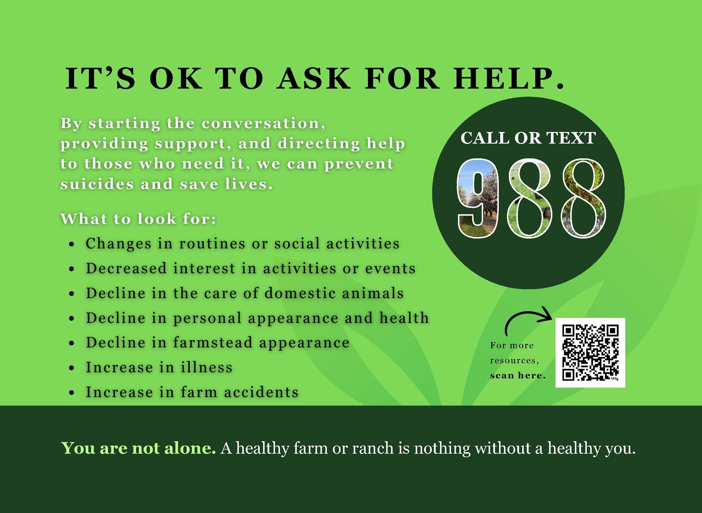 It's OK to Ask for Help — 988 farm stress card
